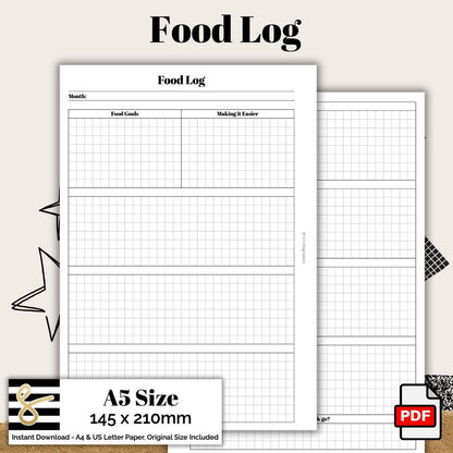 A5 Food Log Printable PDF - Instant Download - Disc or Rings - Health Insert