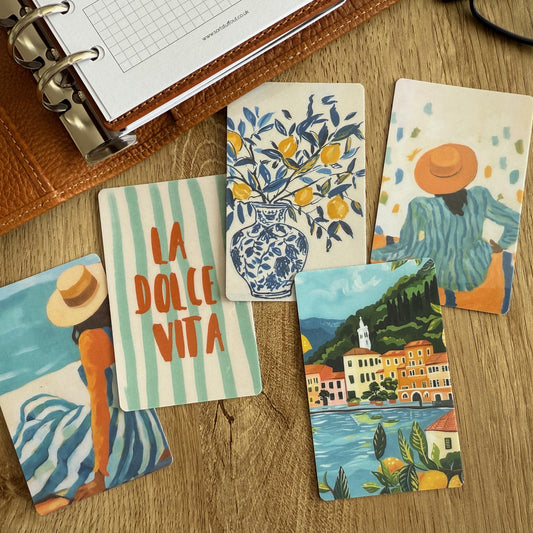 Journal Cards - La Dolce Vita Set - 5 Pack for Planner Deco - Use as Bookmarks, Decoration - Clip and Card Holder Options