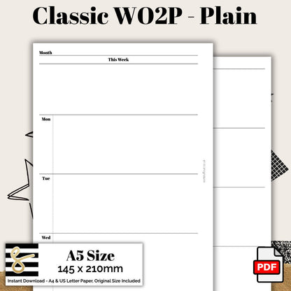 Classic WO2P Plain - A5 Planner Printable PDF - Instant Download - Disc or Rings - Weekly Planning - Calendar - Diary Insert