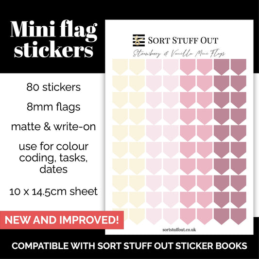 NEW Strawberry and Vanilla Mini Flag Stickers - Option to Include Sticker Book Extras - Functional Planner Stickers