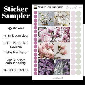 Spring Sticker Sampler Stickers - Dots and Deco Squares - Hobonichi Cousin Size -Colour Coding. 49 Stickers on One Sheet