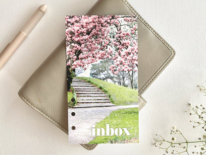 Blossom path inbox - Spring Dashboard - Fits A5, B6, Personal Wide, Personal, A6, Pocket, Mini Ring Planners. Protective Cover.