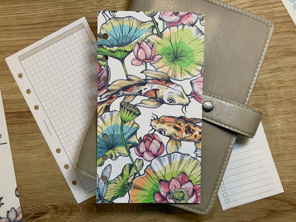 Koi and Lotus Dashboard - Fits A5, B6, Personal Wide, Personal, A6, Pocket, Mini Ring Planners. Protective Cover.