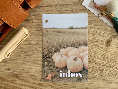 Pumpkin Season Inbox - Autumn Fall - Dashboard - Fits A5, B6, Personal Wide, Personal, A6, Pocket, Mini Ring Planners. Protective Cover.