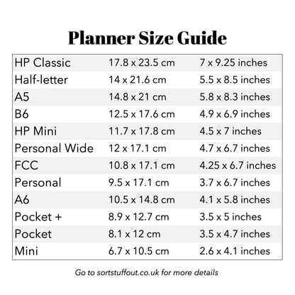 the size guide for a planner size guide
