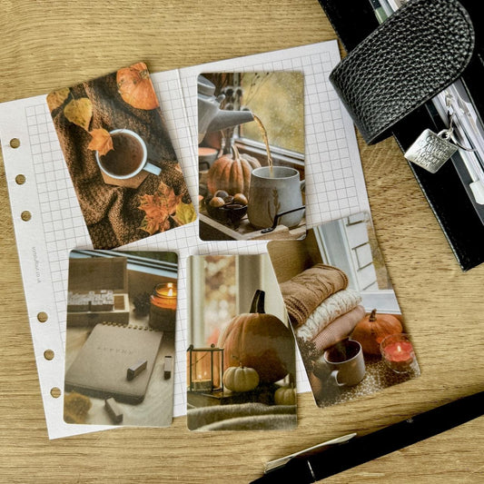 Journal Cards - Autumn Tea - 5 Pack for Planner Deco - Use as Bookmarks, Decoration - Clip and Card Holder Options