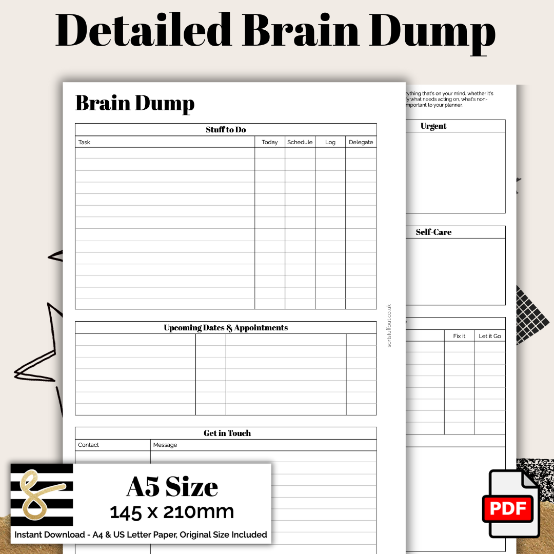 A5 Detailed Brain Dump - Planner Printable PDF