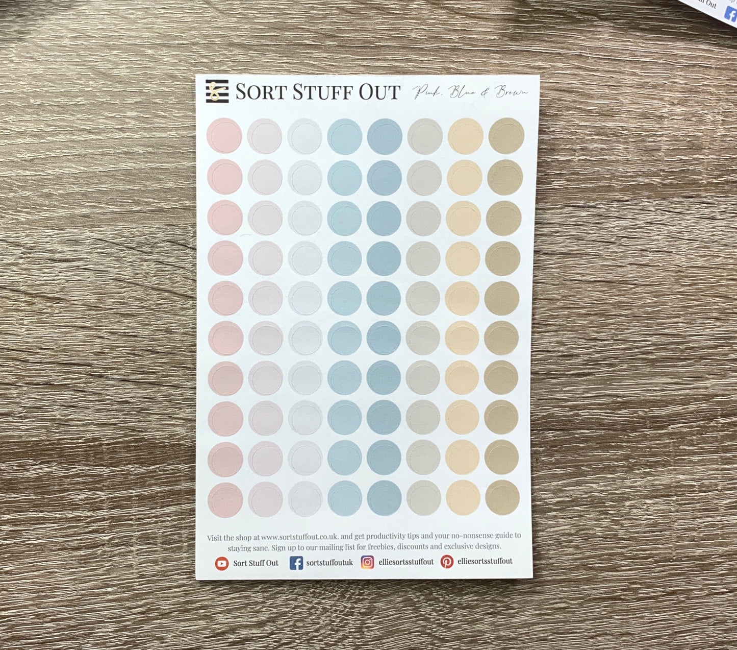 Pink, Blue and Brown Planner Dot Stickers