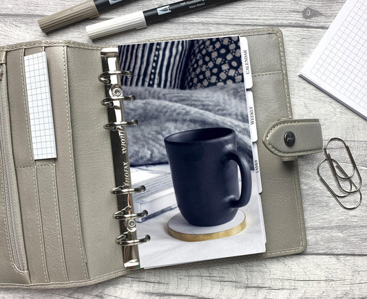 Black Mug, Book and Grey Blanket Dashboard Minimal