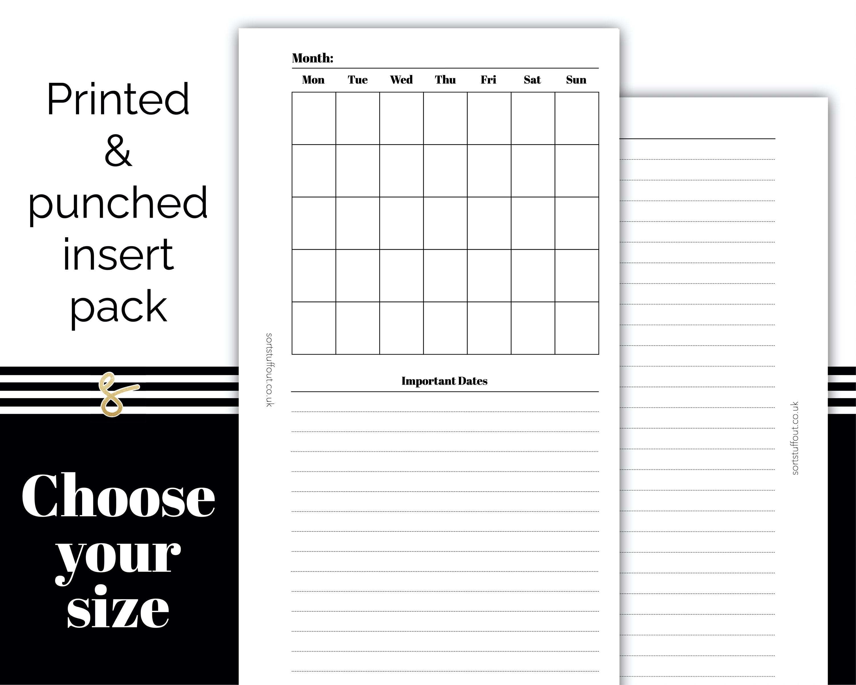 Monthly Planner - Lined Back MO1P - Printed Planner Inserts