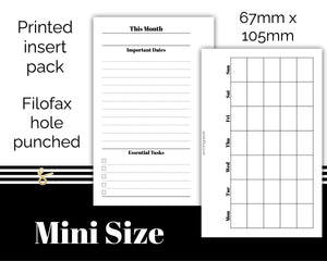 Monthly Inserts with Tasks and Important Dates  Filofax Mini - Printed Planner Inserts