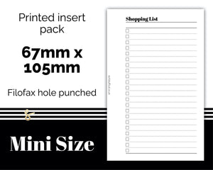 Shopping List MINI SIZE  Filofax Mini - Printed Planner Inserts