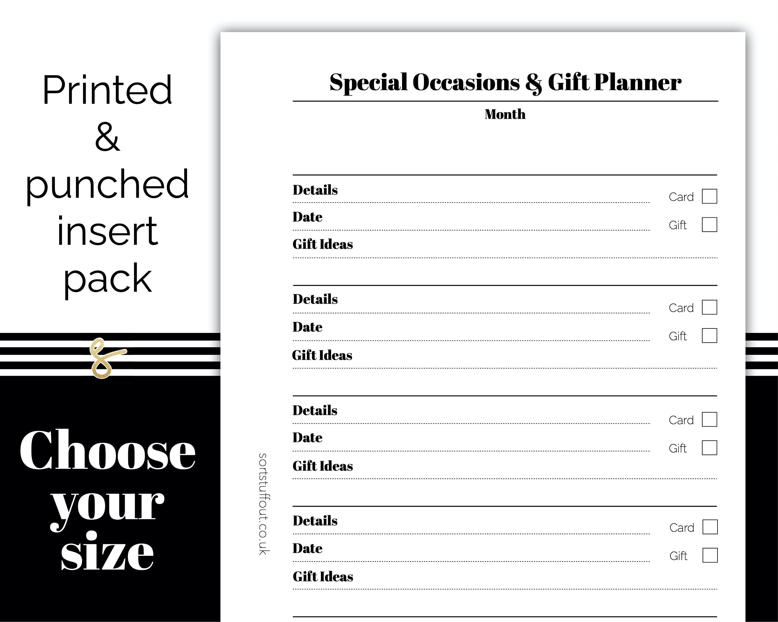 Special Occasions and Gift Planner - Printed Planner Inserts