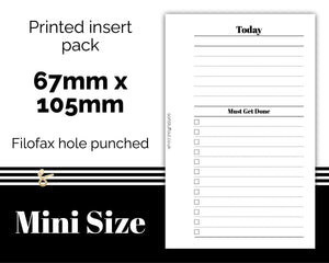 2 Section Daily Planner - Notes and Tasks Filofax Mini - Printed Planner Inserts