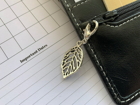 Silver Leaf Zipper Pull - Planner Charm - Ring Planner Accessories & Deco - Filofax, Kikki K, LV