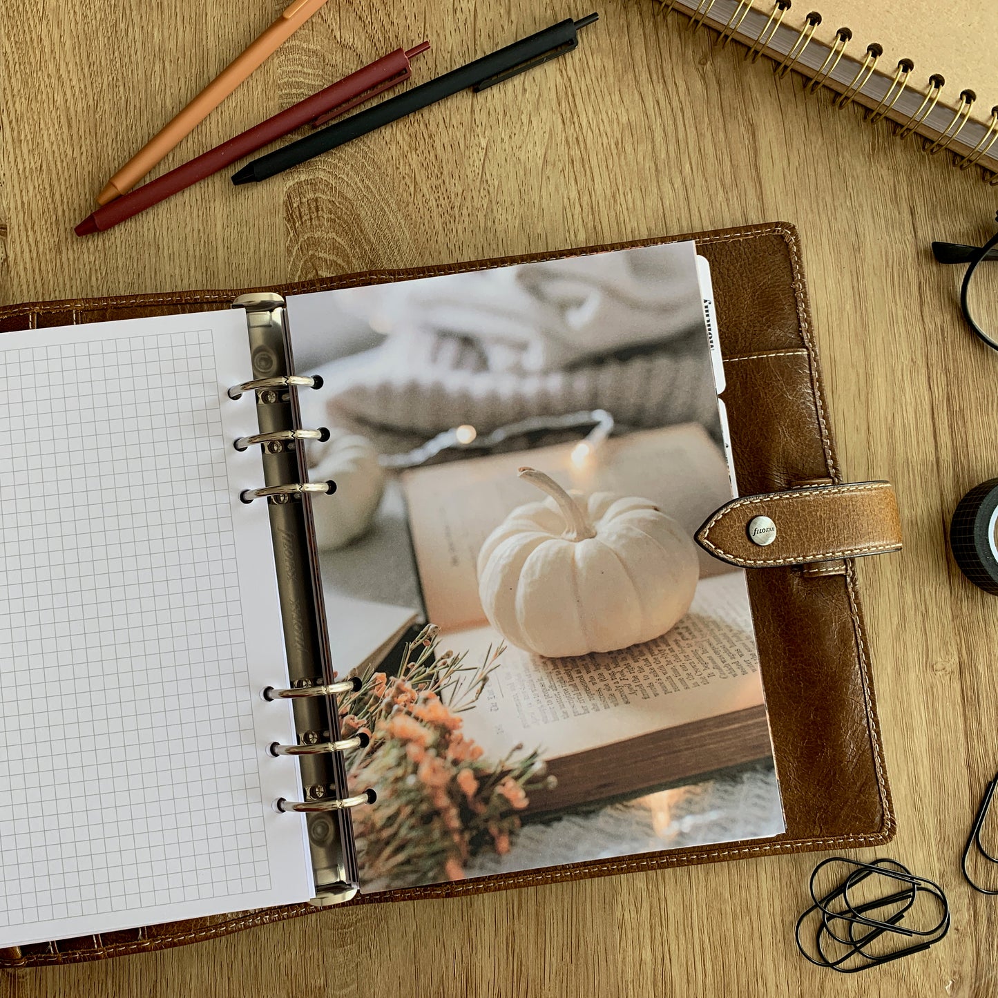 Autumn white pumpkin - Fall Dashboard - Fits A5, B6, Personal Wide, Personal, A6, Pocket, Mini Ring Planners. Protective Cover.