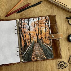 Autumn forest pathway - Fall Dashboard - Fits A5, B6, Personal Wide, Personal, A6, Pocket, Mini Ring Planners. Protective Cover.