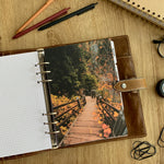 Load image into Gallery viewer, Autumn stairway - Fall Dashboard - Fits A5, B6, Personal Wide, Personal, A6, Pocket, Mini Ring Planners. Protective Cover.

